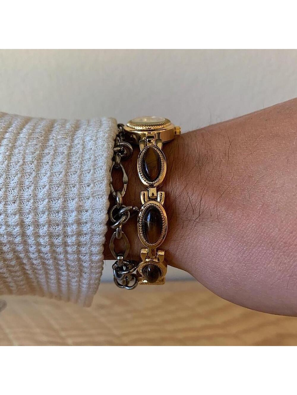 Y2k style Dainty cute Gold style tone quartz watch with brown jade stone opal ac - Picture 7 of 8